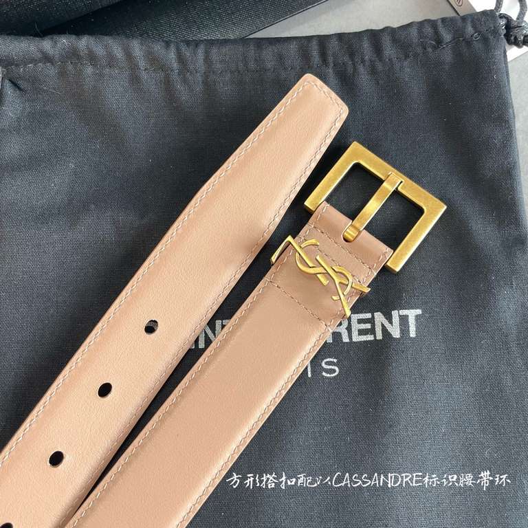 YSL  Saint Laurent women's belt, double-sided imported original leather, square buckle with CASSANDRE logo belt loop, women's must-have items, width 3.0cm