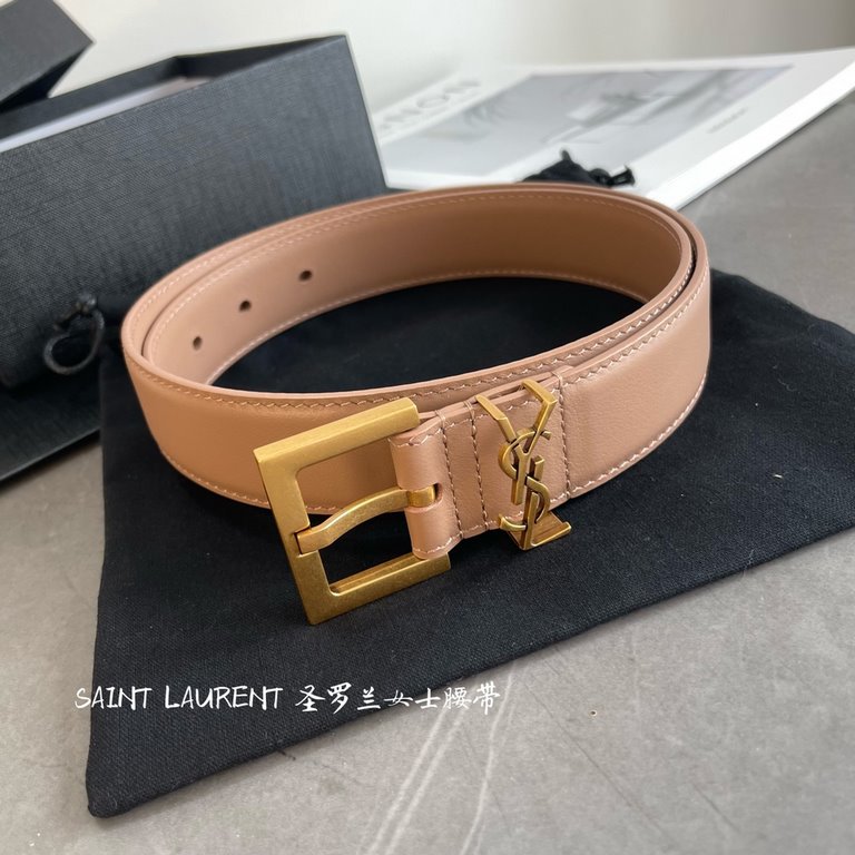 YSL  Saint Laurent women's belt, double-sided imported original leather, square buckle with CASSANDRE logo belt loop, women's must-have items, width 3.0cm