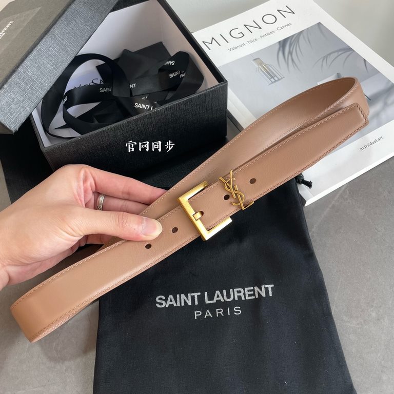 YSL  Saint Laurent women's belt, double-sided imported original leather, square buckle with CASSANDRE logo belt loop, women's must-have items, width 3.0cm