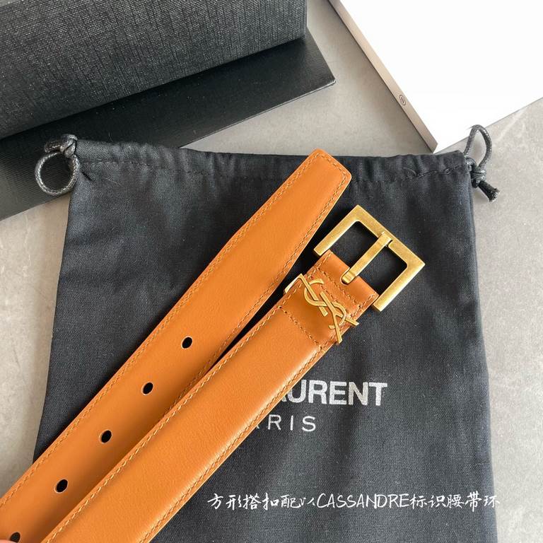 YSL  Saint Laurent women's belt, double-sided imported original leather, square buckle with CASSANDRE logo belt loop, women's must-have items, width 3.0cm