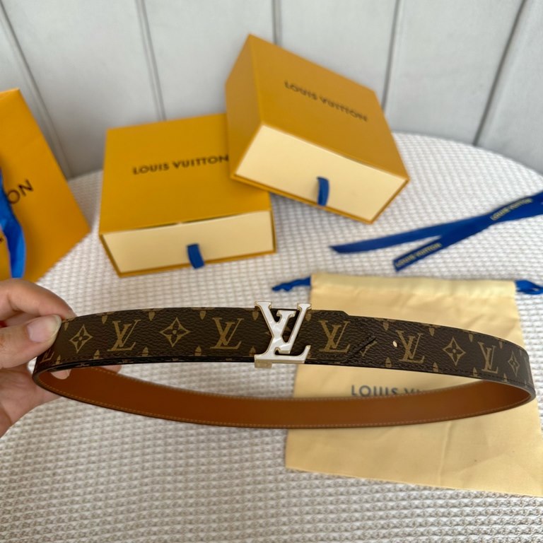 Lv pyrmide Truck L OEiI reversible belt 】 Donkey ladies   belt width 2.5cm Classic color coffee flower   calf leather plain bottom with new flower interlocking buckle can be worn on both sides of the fashionable and gene