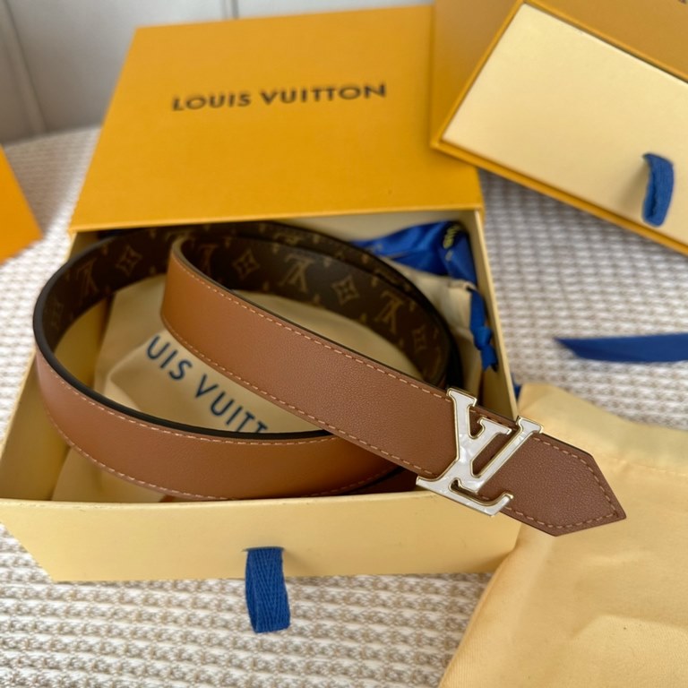 Lv pyrmide Truck L OEiI reversible belt 】 Donkey ladies   belt width 2.5cm Classic color coffee flower   calf leather plain bottom with new flower interlocking buckle can be worn on both sides of the fashionable and gene