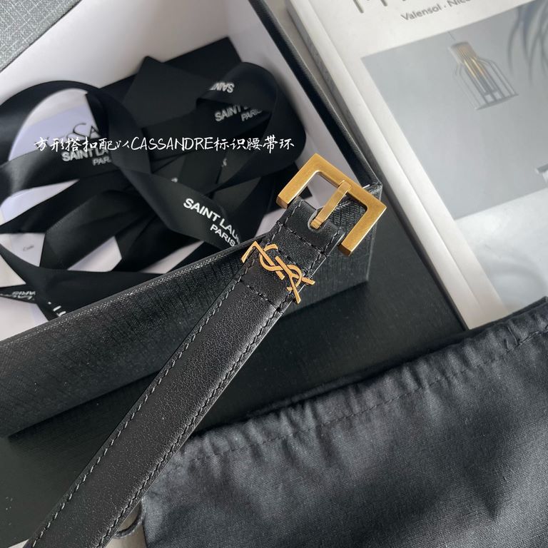 YSL  Saint Laurent women's belt, double-sided imported original leather, square buckle with CASSANDRE logo belt loop, women's must-have items, width 2.0cm