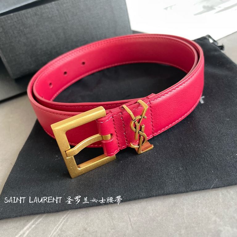 YSL  Saint Laurent women's belt, double-sided imported original leather, square buckle with CASSANDRE logo belt loop, women's must-have items, width 3.0cm