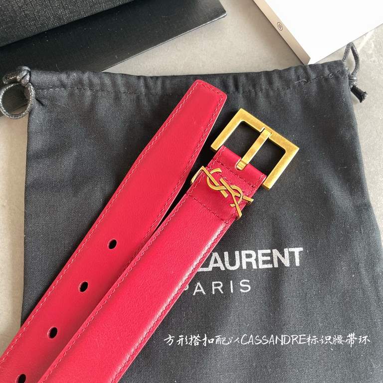 YSL  Saint Laurent women's belt, double-sided imported original leather, square buckle with CASSANDRE logo belt loop, women's must-have items, width 3.0cm