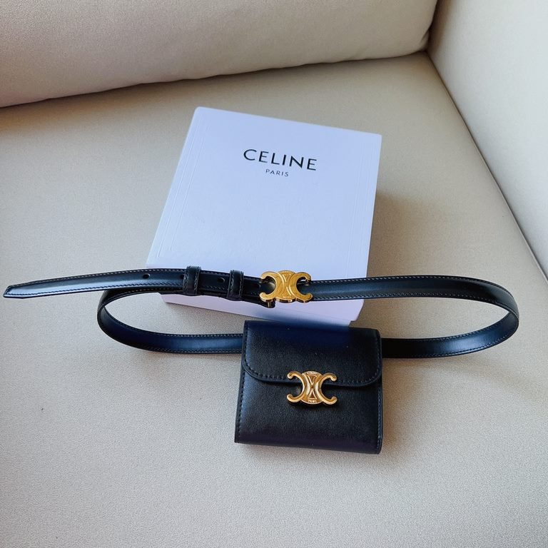 celine TRIOMPHE medium logo print and cowhide leather beltLogo print and cowhide leather TRIOMPHE with collar buckle and buckle fasteningLoop buckle and leather edges Light brown stitching, belt pouch belt 1.8 Cm two pac