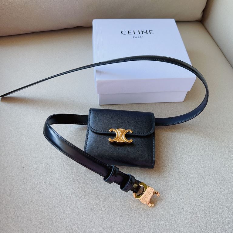 celine TRIOMPHE medium logo print and cowhide leather beltLogo print and cowhide leather TRIOMPHE with collar buckle and buckle fasteningLoop buckle and leather edges Light brown stitching, belt pouch belt 1.8 Cm two pac