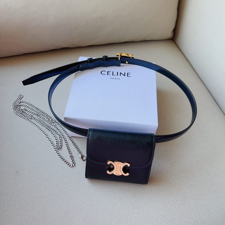 celine TRIOMPHE medium logo print and cowhide leather beltLogo print and cowhide leather TRIOMPHE with collar buckle and buckle fasteningLoop buckle and leather edges Light brown stitching, belt pouch belt 1.8 Cm two pac