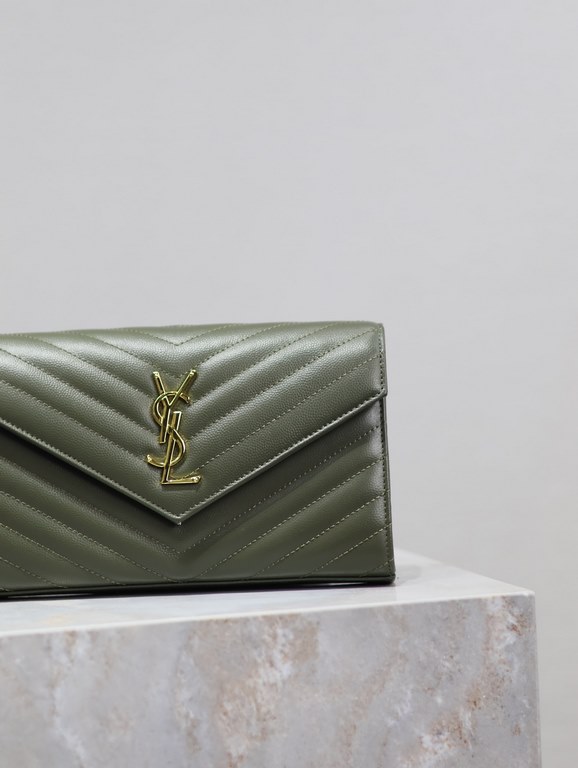 Olive Green Gold Button Caviar_MONOGRAM_Envelope Bag. Super practical a small bag, the most classic style, upgrade the most advanced version, 100% Italian calf leather with fine handmade; customized metal Y family logo h