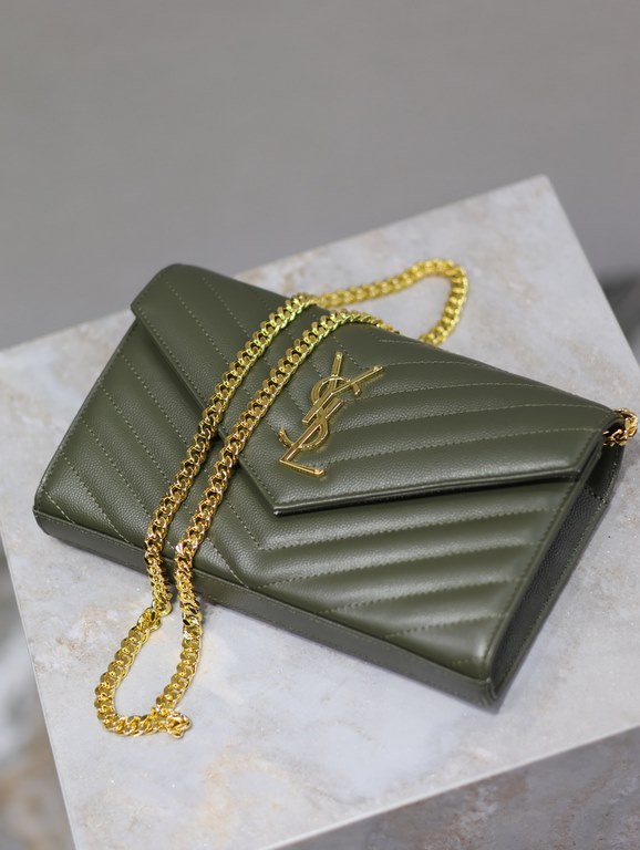 Olive Green Gold Button Caviar_MONOGRAM_Envelope Bag. Super practical a small bag, the most classic style, upgrade the most advanced version, 100% Italian calf leather with fine handmade; customized metal Y family logo h