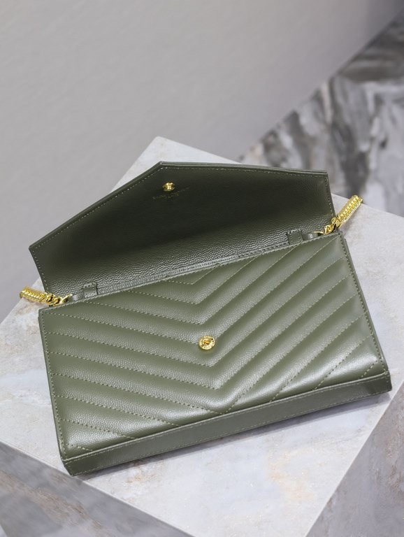 Olive Green Gold Button Caviar_MONOGRAM_Envelope Bag. Super practical a small bag, the most classic style, upgrade the most advanced version, 100% Italian calf leather with fine handmade; customized metal Y family logo h