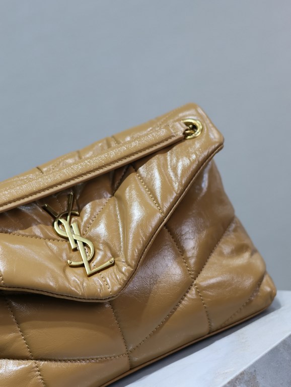 Earthy yellow oil waxed leather with gold buckle-Loulou puffer_quilted oil waxed leather chain bag, 100% calf leather production, soft and delicate feel, as if embracing the clouds   like feeling; classic Y family logo, 