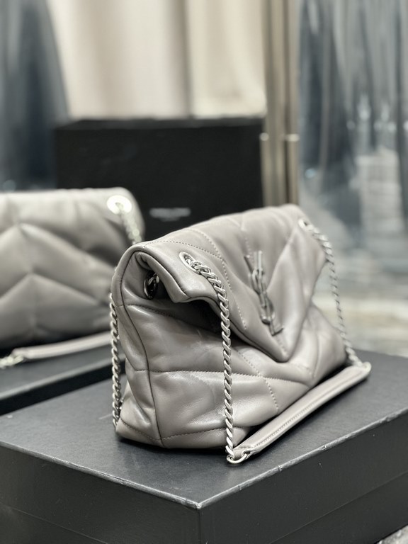 New] Gray with Silver Buckle-Loulou puffer_quilted lambskin bag, 100% lambskin production, soft and delicate feel, as if embracing the clouds   like feeling; classic Y family logo, chain and grommet hardware are made of 