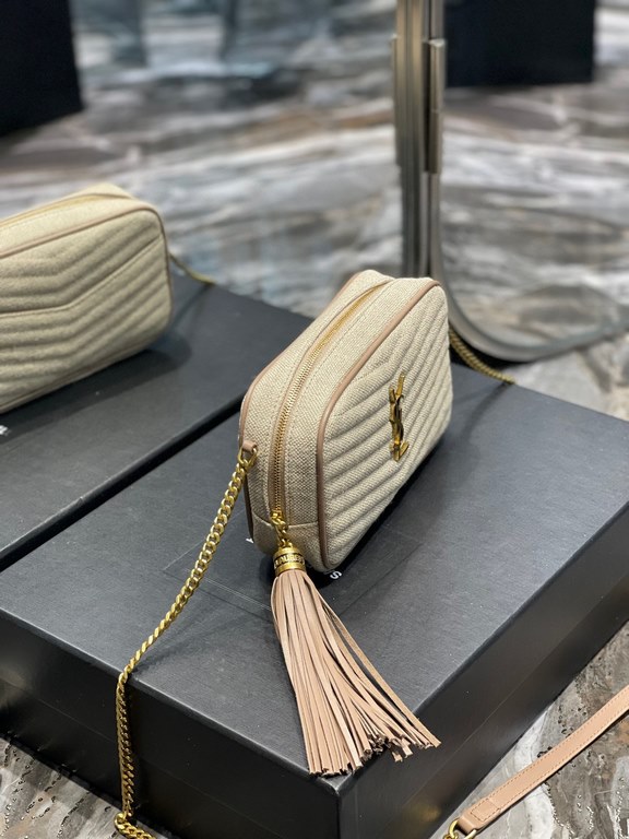 [In Stock Seconds]Apricot Cotton and Linen Material              Camera bag, customized cotton linen with imported Italian calfskin! Very exquisite! With fashionable tassel charm! Inside and outside the full leather, the