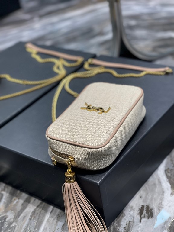 [In Stock Seconds]Apricot Cotton and Linen Material              Camera bag, customized cotton linen with imported Italian calfskin! Very exquisite! With fashionable tassel charm! Inside and outside the full leather, the