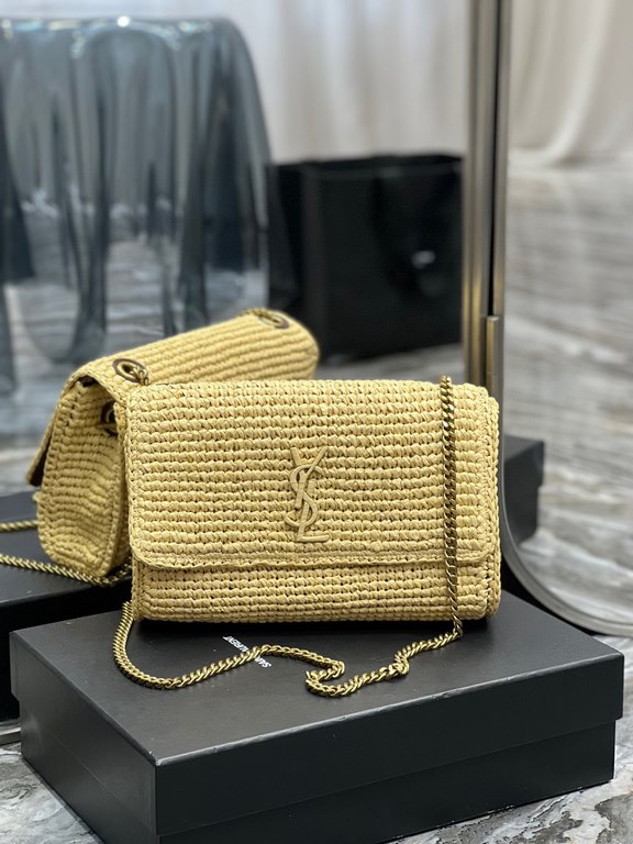 [In stock in seconds  Apricot-colored Raffia Weaving with Coffee-colored Cowhide    Raffia weaving chain bag Kate_Full of artistic flavor ~ raffia weaving is very solid, super texture unique process of weaving the logo w