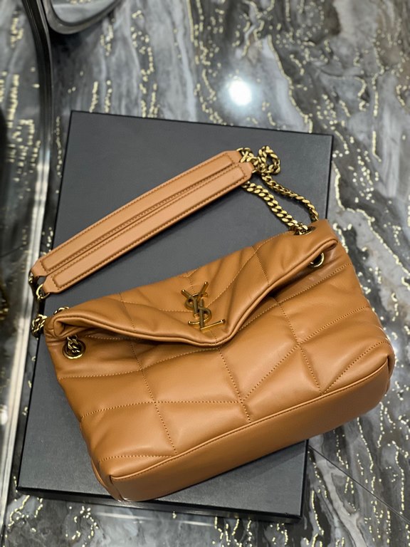 [In stock in seconds]Caramel color with gold buckle-Loulou puffer_quilted lambskin bag, 100% lambskin production, soft and delicate feel, as if embracing the clouds   like feeling; classic Y family logo, chain and gromme