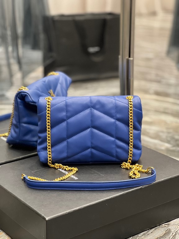 [In stock in secondsElectric Blue with Gold Buckle-                The whole bag is made of soft Italian lambskin with Y's diagonal stripe quilting craftsmanship, featuring a softly textured front flap pocket with a deta