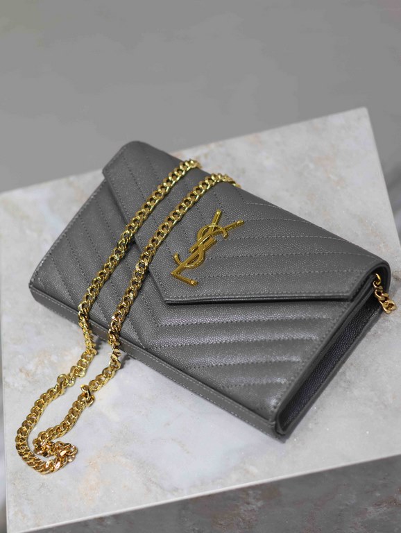 Gray Gold Button Caviar_MONOGRAM_Envelope Bag. Super practical a small bag, the most classic style, upgrade the most advanced version, 100% Italian calf leather with fine handmade; customized metal Y family logo highligh