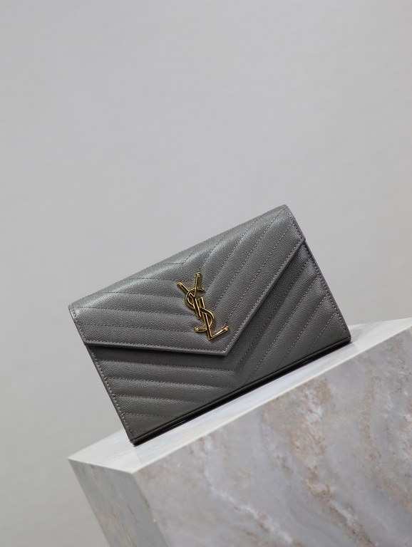 Gray Gold Button Caviar_MONOGRAM_Envelope Bag. Super practical a small bag, the most classic style, upgrade the most advanced version, 100% Italian calf leather with fine handmade; customized metal Y family logo highligh