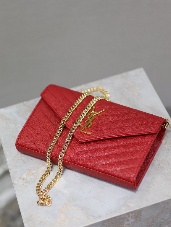 Red Gold Button Caviar_MONOGRAM_Envelope Bag. Super practical a small bag, the most classic style, upgrade the most advanced version, 100% Italian calf leather with fine handmade; customized metal Y family logo highlight