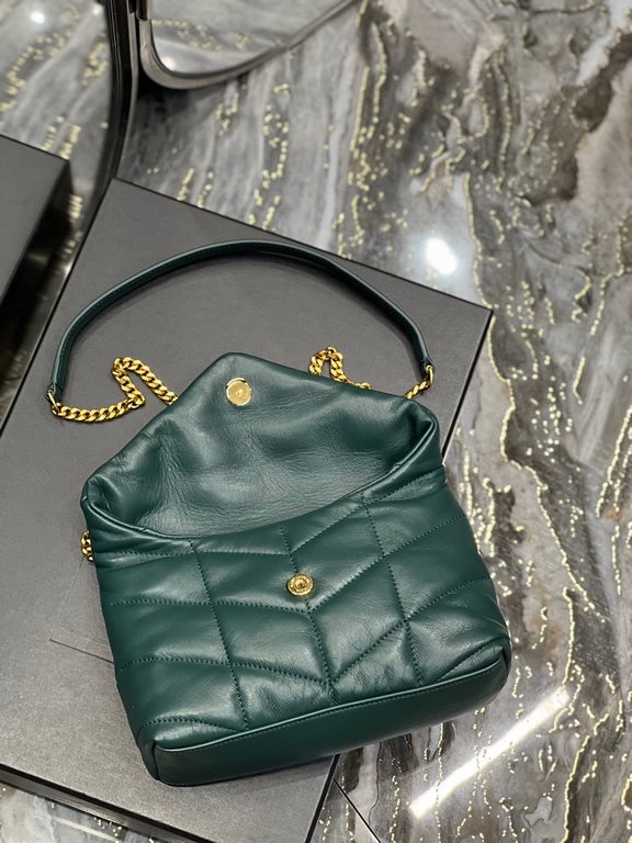 [In stock in secondsDark Green with Gold Buckles-              The whole bag is made of soft Italian lambskin with Y's diagonal stripe quilting craftsmanship, featuring a softly textured front flap pocket with a detachab